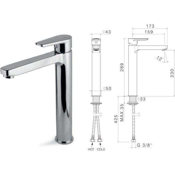 Vema MISCELATORE MONOCOMANDO VERSIONE ALTA VEMA PER LAVABO SERIE SIEVE